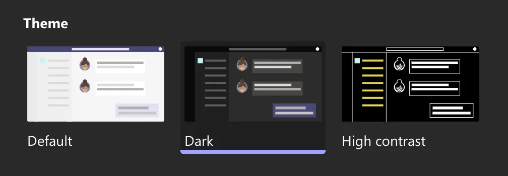 Microsoft Teams three themes: Default, Dark, and High Contrast