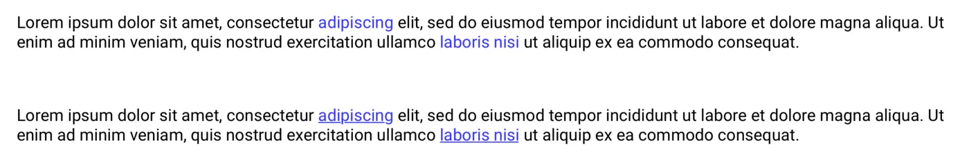 Examples of links being differentiated only by colour, and by colour and an underline